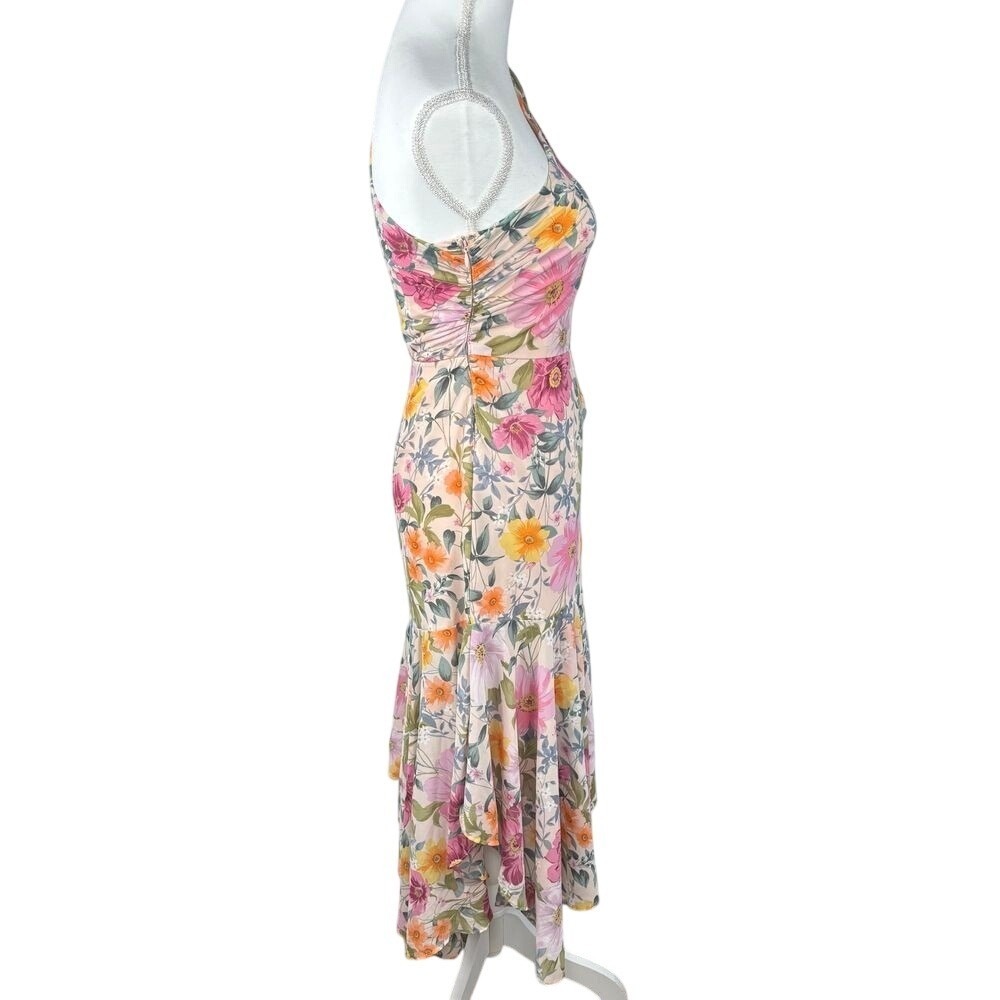 Astr One-Shoulder Floral Asymmetrical Midi Dress in Pink and Yellow - Picture 5 of 11